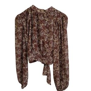 Lush Floral Blouse Tie Front Long Sleeve‎ Rust Brown Top Medium